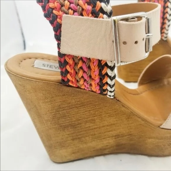 Steve Madden Sam Wooden Platform Wedge Sandals Multicolor Woven Back Size 8 - Picture 4 of 5